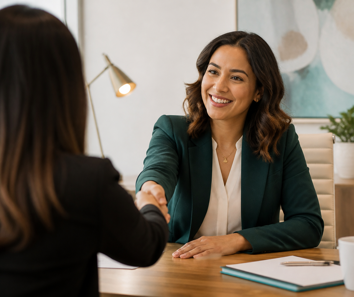 Recruiter shaking hands with a candidate after a successful interview