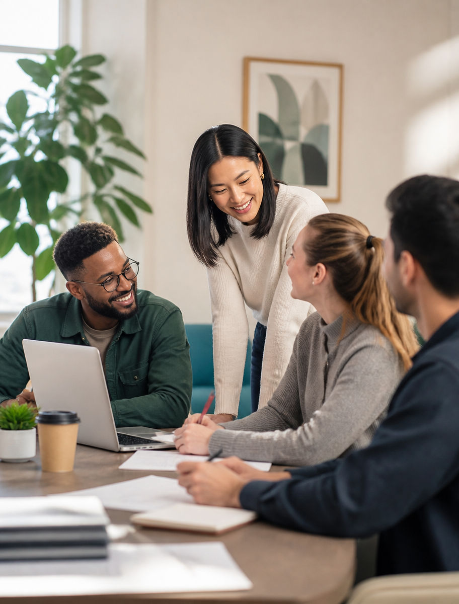 Team collaborating together in a bright office